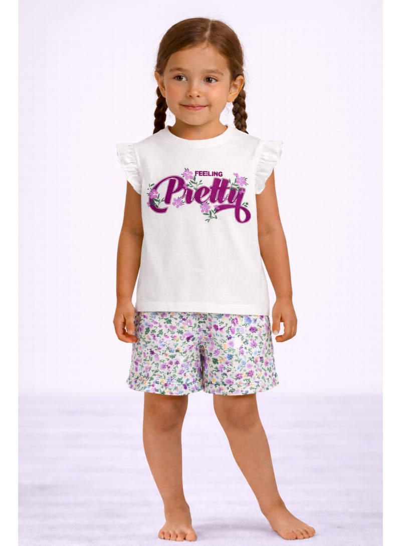 victor and jane Girls’ Pajama Set – “Feeling Pretty” Frill Sleeve Top & Floral Shorts - Image 1